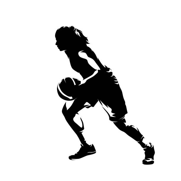 バスケットボールをしている女性、孤立したベクトル シルエット。女子チームスポーツ - basketball team sports healthy lifestyle isolated objects点のイラスト素材／クリップアート素材／マンガ素材／アイコン素材