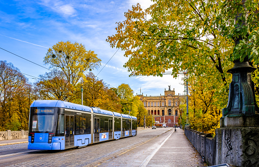 Munich, Germany - November 12: typical Tram at the old town of Munich on November 12, 2023