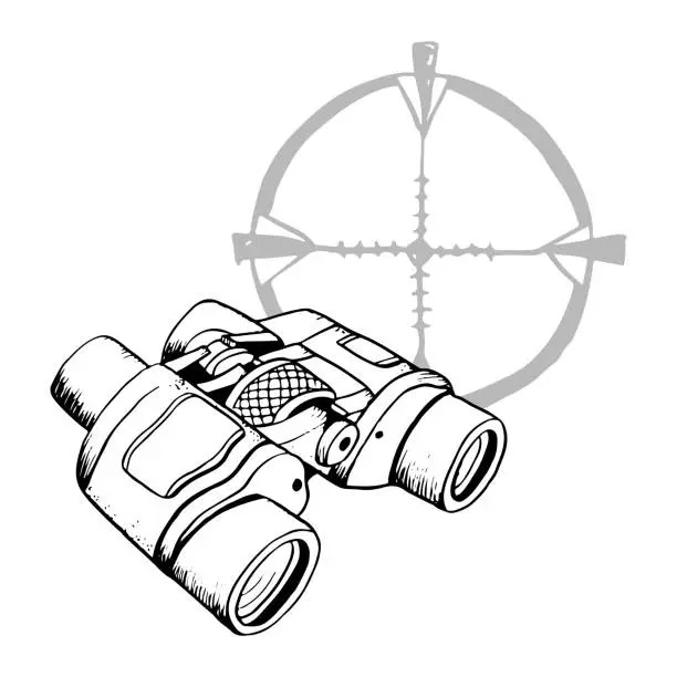 Vector illustration of Military tactical binoculars with optical aim sight black and white graphic vector illustration for army designs