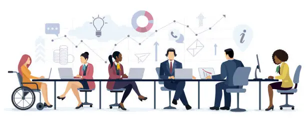 Vector illustration of Multi-ethnic Group of Business people working together. Company employees plan tasks and Brainstorming. Person with Disabilities.