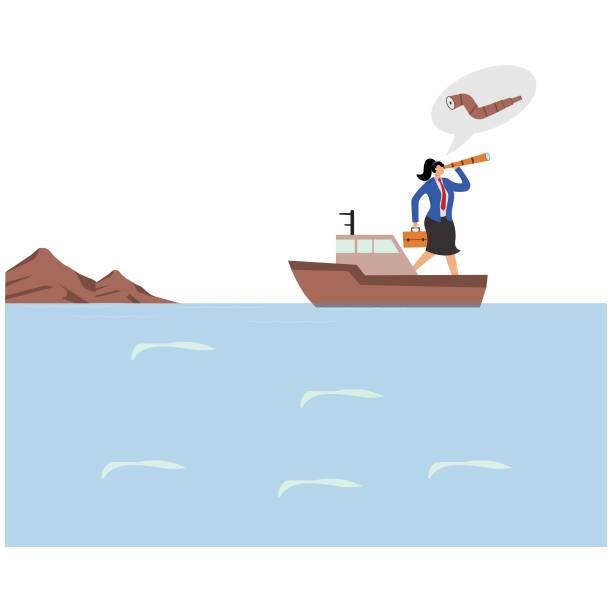 istock Businesswoman on boat, looking through a telescope. finding a periscope 2080272696