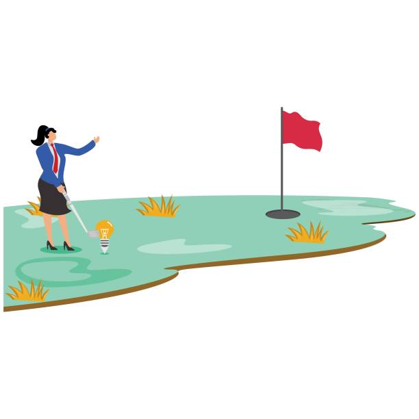 geschäftsfrau spielt golf mit idee glühbirne, schläger, loch, flagge - golf copy space professional sport sport stock-grafiken, -clipart, -cartoons und -symbole