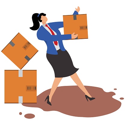 Delivery woman carrying a pile of cardboard boxes, slipping and falling down