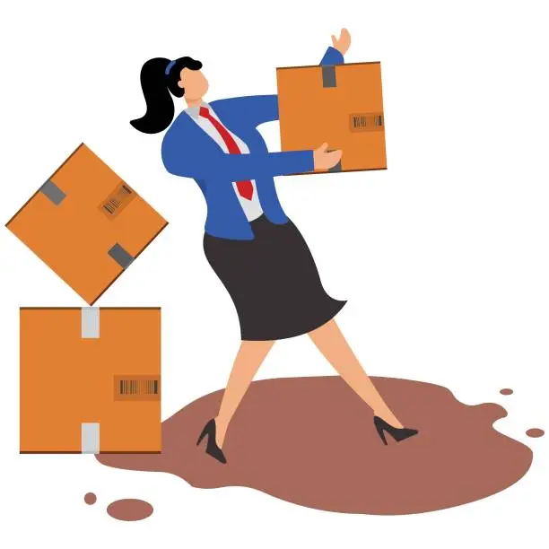 Vector illustration of Delivery woman carrying a pile of cardboard boxes, slipping and falling down