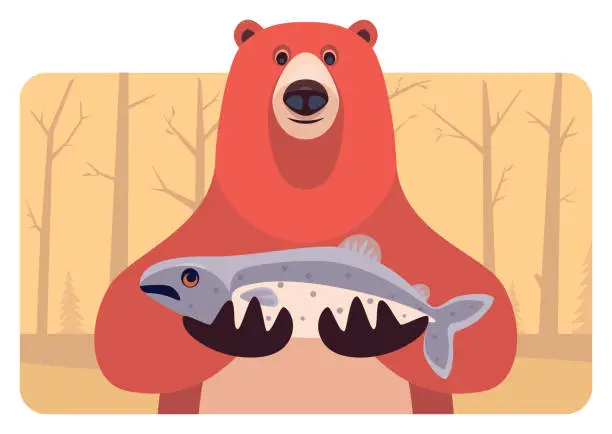 Vector illustration of bear holding fish