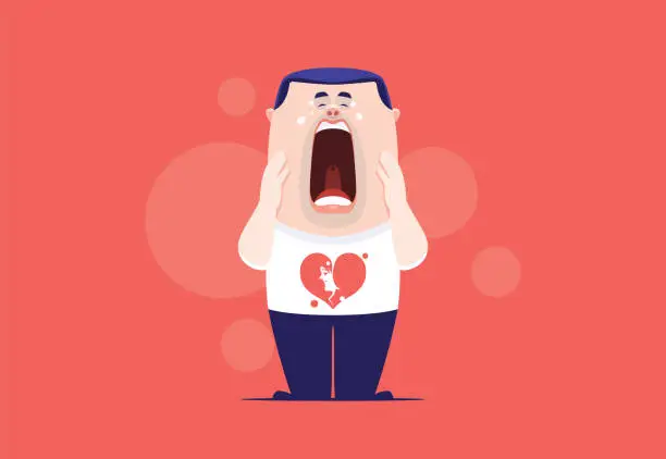 Vector illustration of man crying with broken heart on t-shirt