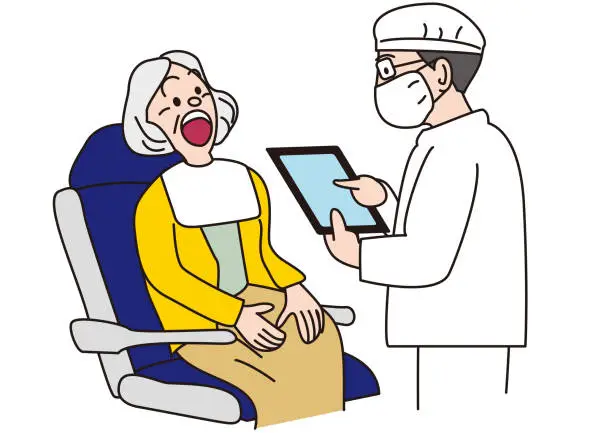 Vector illustration of Dentist diagnosing patient old woman using tablet chart