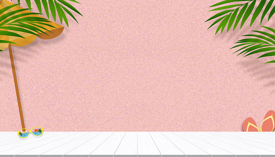 Summer background,Vector Pink Sand Beach with Wood table top,Umbrella,Sunglasses,flip flops,palm leaf for Product Present,Beach vacation holiday for Sale Promotion,Web Online Banner