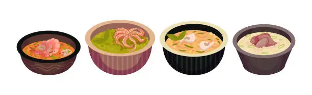 Vector illustration of Asian Food and Dish Served in Bowl Vector Set