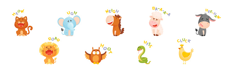 Funny Animals Talking Making Noise and Sound Vector Set. Cute Mammal Speak