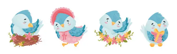Vector illustration of Cute Blue Bird with Wings and Feathers Vector Set