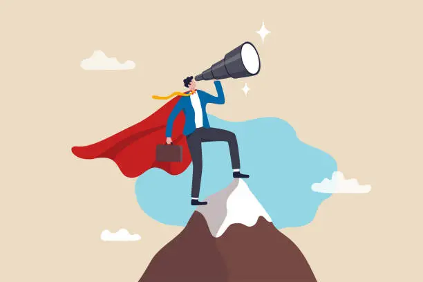 Vector illustration of Business vision to see journey to success, discovery new opportunity, looking for jobs, future success or career goal, leadership mission concept, businessman lookout telescope on top mountain peak.