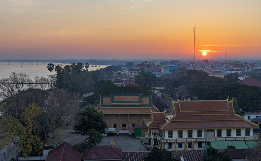 Steung Treng, Cambodia on February 11, 2024: Mekong river at sunrise