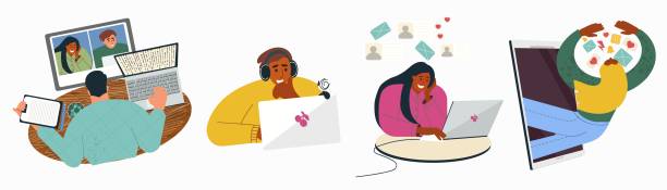istock Set of vector flat illustrations with scenes of people with gadgets, doing business, communicating via social media, conference calls, marketing. 2080311477