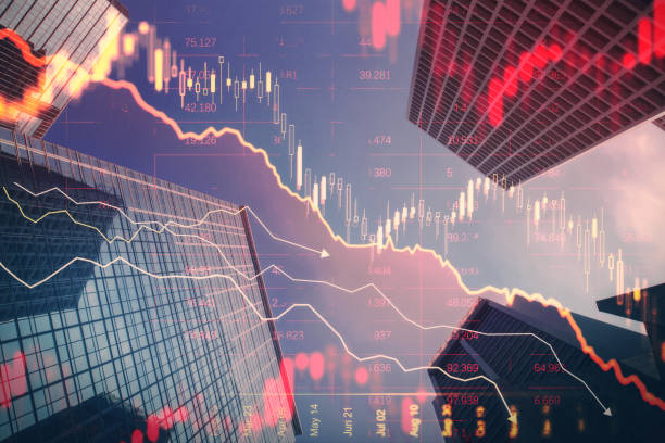 istock Abstract downward red forex chart on blurry city texture. Crisis, recession and economic fall concept. Double exposure. 2080311502