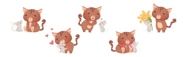 Vector illustration of Cute Friendly Cat and Mouse Engaged in Different Activity Vector Set