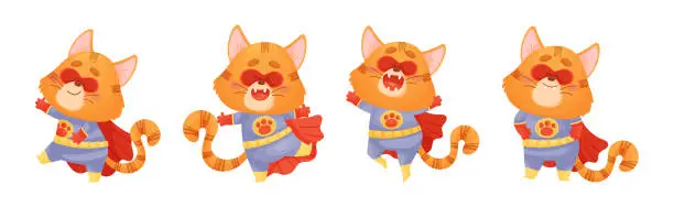 Vector illustration of Ginger Whiskered Cat in Red Superhero Cloak and Mask Vector Set