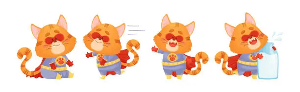 Vector illustration of Ginger Whiskered Cat in Red Superhero Cloak and Mask Vector Set