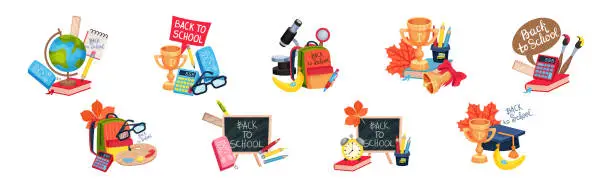 Vector illustration of Back to School with Stationery Object Vector Composition Set