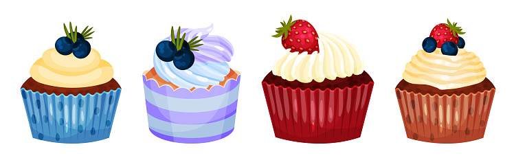 Sweet Cupcake or Fairy Cake Baked in Paper Cup Topped with Whipped Cream Vector Set. Sugary Dessert and Yummy Confection Concept