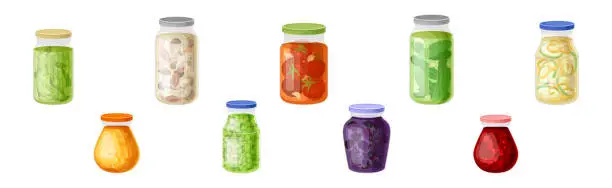 Vector illustration of Preserved Food in Closed Glass Jars Vector Set