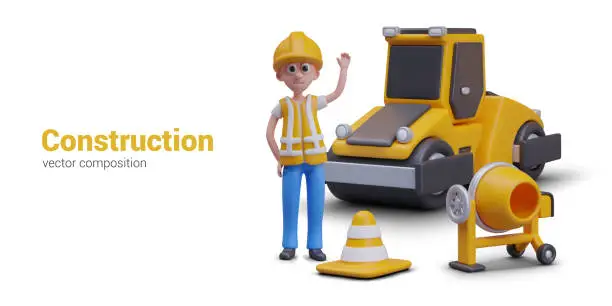 Vector illustration of Construction concept in 3D cartoon style. Worker stands near building equipment