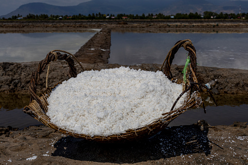 Kep, Kampot, Cambodia on Feb 21, 2024: salt harvested at rural salt farm