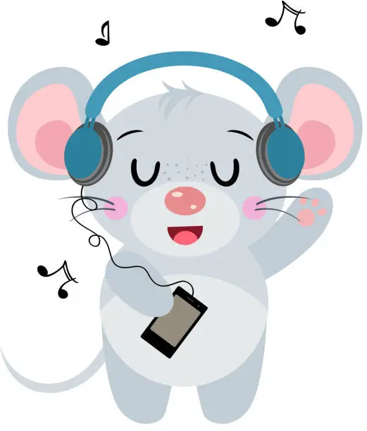 Vector illustration of Funny mouse listening music with headphones
