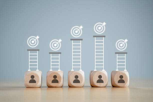 Success concept. Human with difference target. Wooden blocks with human icon and difference hight of stairs to target