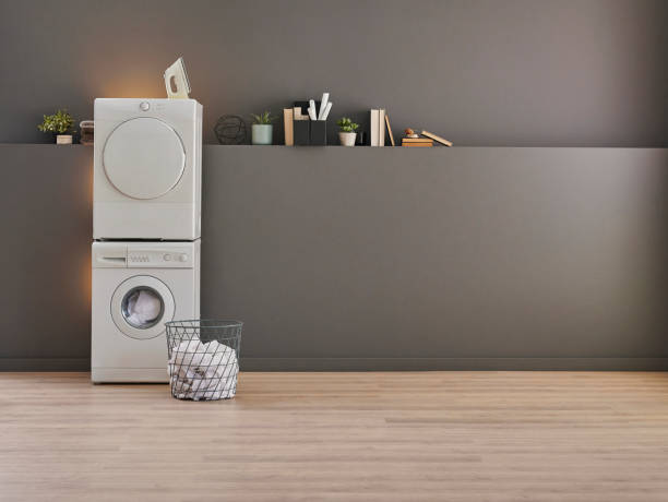 istock Washing and drier machine in the grey wall room background, laundry, clothe, sofa and working table style, minimalist home interior. 2080380276