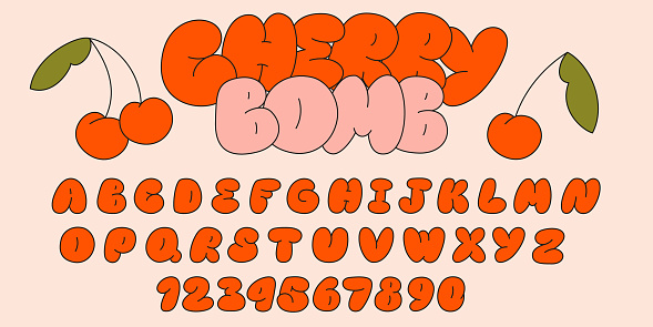Inflated ballon alphabet letters and numbers, plump font design. Modern hand drawn vector illustration. Trendy English type.