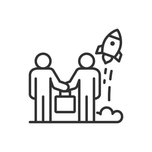 Vector illustration of Investing in business, financial support, linear icon. An investor gives money to a startup. People shake hands and a rocket takes off. Partnership. Line with editable stroke