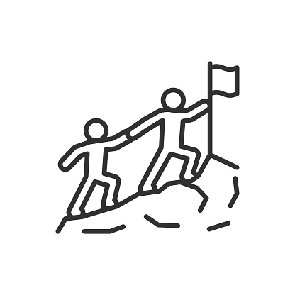 People holding hands climbing up the mountain to the flag, linear icon. Collaborative goal achievement, teamwork and endeavor. Line with editable stroke