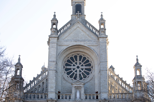 The twin spires of Saint Peter and Paul Church in North Beach neighborhood a sunny day - San Francisco, California, USA - 2019