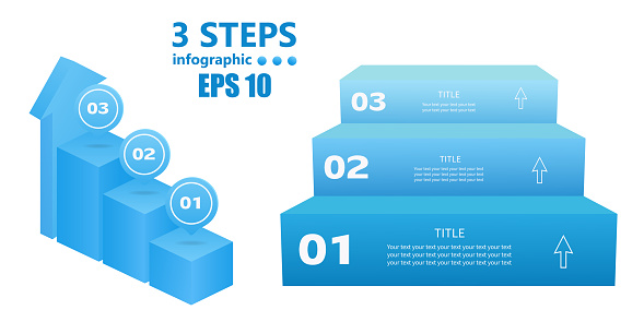 3 steps. Blue set of business infographics of two stairs. 3 D.