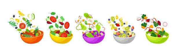 Vector illustration of Vegetarian Salad with Dropping in Bowl Ingredient Mix Vector Set