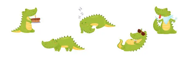 Vector illustration of Green Crocodile or Gator Character as African Animal Vector Set