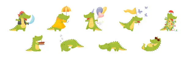 Vector illustration of Green Crocodile or Gator Character as African Animal Vector Set