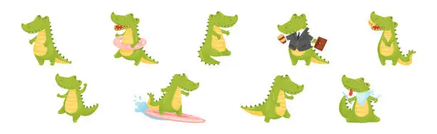 Vector illustration of Green Crocodile or Gator Character as African Animal Vector Set
