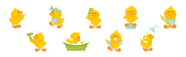 Vector illustration of Little Yellow Chick Washing Having Spa Vector Set