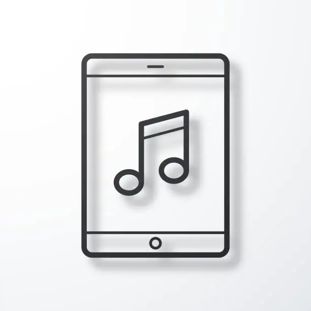 Vector illustration of Music on tablet PC. Line icon with shadow on white background