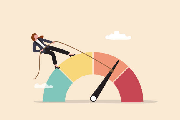stockillustraties, clipart, cartoons en iconen met reduce risk level or decrease stress anxiety meter, lower danger indicator or scale, reduce from red alert meter to be green chart concept, businesswoman pull meter to reduce risk or stress level. - stress