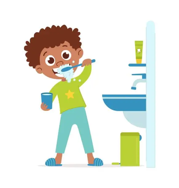 Vector illustration of A black boy brushes his teeth. Child and oral hygiene. Vector flat cartoon isolated illustration