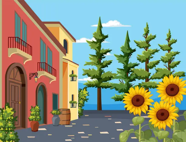 Vector illustration of Colorful buildings and sunflowers on a quaint street.