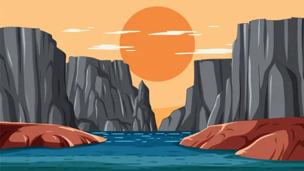 Vector illustration of Sunset view between cliffs over tranquil water