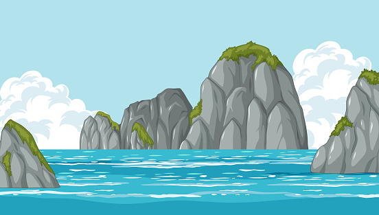 Vector illustration of tranquil ocean and rocky cliffs