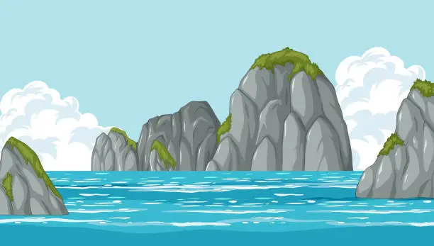 Vector illustration of Vector illustration of tranquil ocean and rocky cliffs