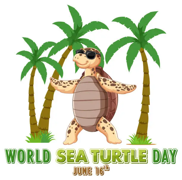 Vector illustration of Cheerful turtle with sunglasses under palm trees