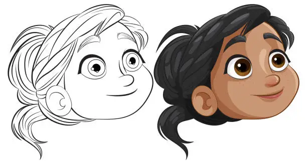 Vector illustration of Two stages of a character illustration process