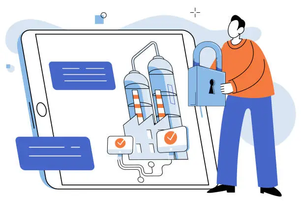 Vector illustration of Industrial cyber security. The ever-present threat cyber attacks necessitates proactive security measures